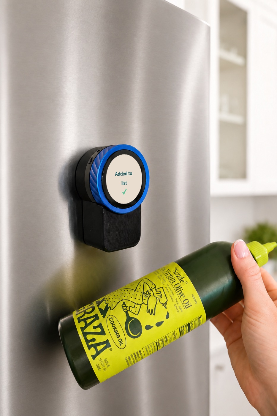 Holding a bottle of olive oil to the device — the screen reads Added to list